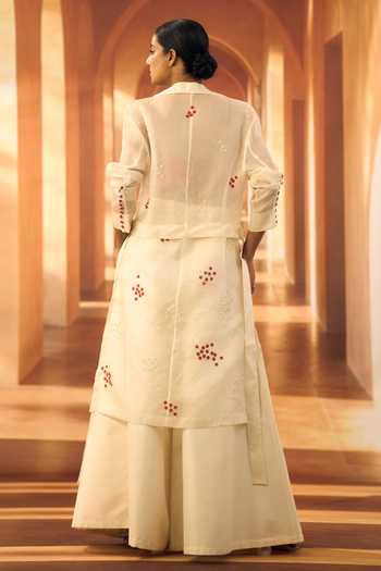 Shop_Vivek Karunakaran_Ivory Organza Embroidery V-neck Jacket And Palazzo Set _at_Aza_Fashions