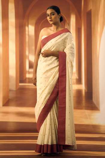Buy_Vivek Karunakaran_Cream Cotton Applique Bandeau Neck Embroidered Corset Blouse _Online_at_Aza_Fashions