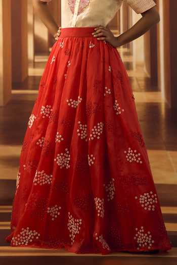 Vivek Karunakaran_Cream Organza Collared Neck Floral Embroidered Shirt And Skirt Set _Online_at_Aza_Fashions