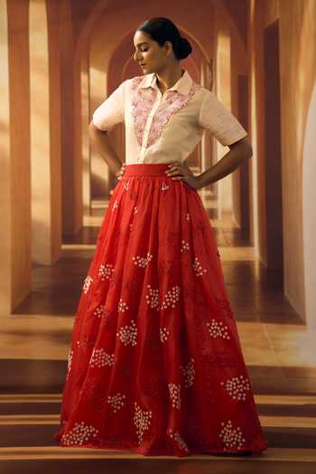 Buy_Vivek Karunakaran_Cream Organza Collared Neck Floral Embroidered Shirt And Skirt Set _Online_at_Aza_Fashions