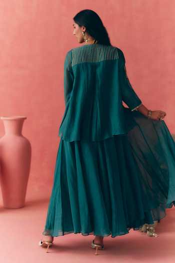 Shop_Mirasa_Teal Chanderi, Tissue V-neck Chandbali Mul Top And Skirt Set _at_Aza_Fashions