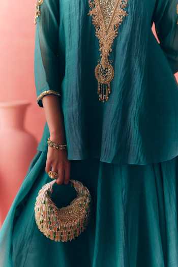 Mirasa_Teal Chanderi, Tissue V-neck Chandbali Mul Top And Skirt Set _Online_at_Aza_Fashions