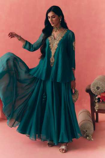 Buy_Mirasa_Teal Chanderi, Tissue V-neck Chandbali Mul Top And Skirt Set _Online_at_Aza_Fashions