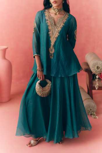 Shop_Mirasa_Teal Chanderi, Tissue V-neck Chandbali Mul Top And Skirt Set _Online_at_Aza_Fashions