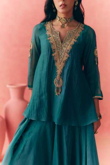 Mirasa_Teal Chanderi, Tissue V-neck Chandbali Mul Top And Skirt Set _at_Aza_Fashions