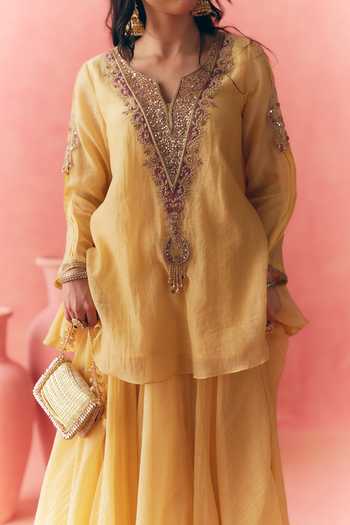 Mirasa_Yellow Chanderi, Tissue V-neck Chandbali Peplum Top And Skirt Set _Online_at_Aza_Fashions