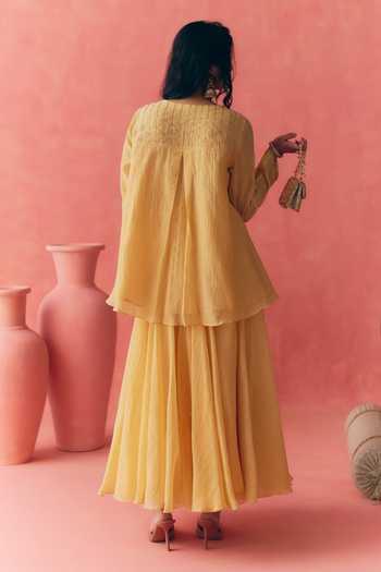 Shop_Mirasa_Yellow Chanderi, Tissue V-neck Chandbali Peplum Top And Skirt Set _at_Aza_Fashions