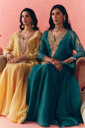 Buy_Mirasa_Yellow Chanderi, Tissue V-neck Chandbali Peplum Top And Skirt Set _Online_at_Aza_Fashions