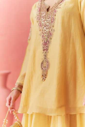 Shop_Mirasa_Yellow Chanderi, Tissue V-neck Chandbali Peplum Top And Skirt Set _Online_at_Aza_Fashions
