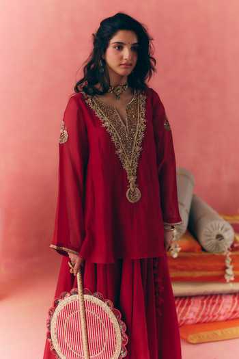 Mirasa_Red Chanderi, Tissue V-neck Chandbali Peplum Top And Skirt Set _Online_at_Aza_Fashions
