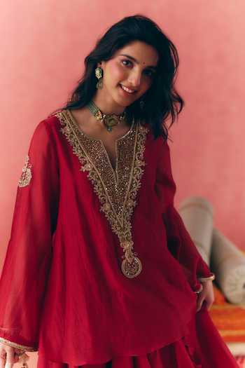 Buy_Mirasa_Red Chanderi, Tissue V-neck Chandbali Peplum Top And Skirt Set _Online_at_Aza_Fashions