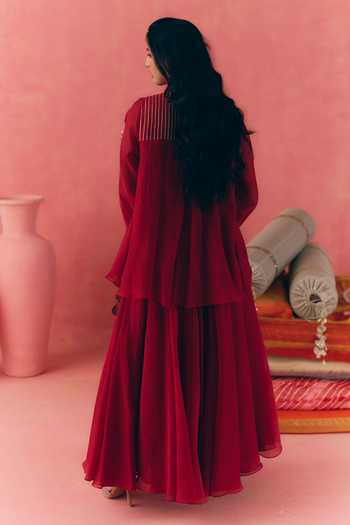 Shop_Mirasa_Red Chanderi, Tissue V-neck Chandbali Peplum Top And Skirt Set _at_Aza_Fashions