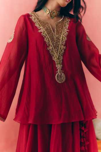 Shop_Mirasa_Red Chanderi, Tissue V-neck Chandbali Peplum Top And Skirt Set _Online_at_Aza_Fashions