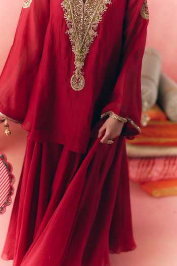 Mirasa_Red Chanderi, Tissue V-neck Chandbali Peplum Top And Skirt Set _at_Aza_Fashions