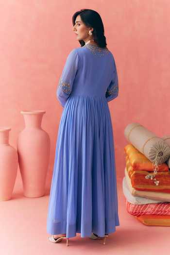 Shop_Mirasa_Blue Georgette, Net, Chiffon, Lycra V-neck Areeza Pure Anarkali Set _at_Aza_Fashions