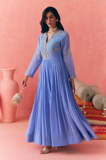 Mirasa_Blue Georgette, Net, Chiffon, Lycra V-neck Areeza Pure Anarkali Set _Online_at_Aza_Fashions