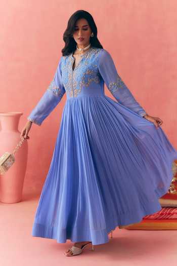 Buy_Mirasa_Blue Georgette, Net, Chiffon, Lycra V-neck Areeza Pure Anarkali Set _Online_at_Aza_Fashions