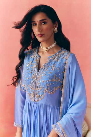 Mirasa_Blue Georgette, Net, Chiffon, Lycra V-neck Areeza Pure Anarkali Set _at_Aza_Fashions