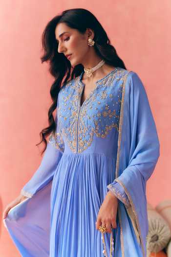 Buy_Mirasa_Blue Georgette, Net, Chiffon, Lycra V-neck Areeza Pure Anarkali Set 