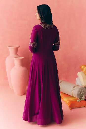 Shop_Mirasa_Purple Georgette, Net, Lycra, Chiffon V-neck Areeza Anarkali Set _at_Aza_Fashions