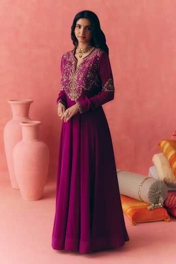 Mirasa_Purple Georgette, Net, Lycra, Chiffon V-neck Areeza Anarkali Set _Online_at_Aza_Fashions