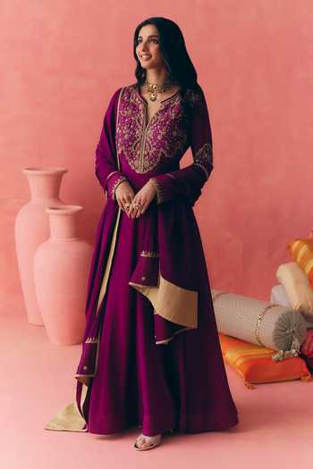 Buy_Mirasa_Purple Georgette, Net, Lycra, Chiffon V-neck Areeza Anarkali Set _Online_at_Aza_Fashions
