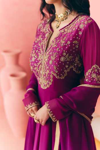 Shop_Mirasa_Purple Georgette, Net, Lycra, Chiffon V-neck Areeza Anarkali Set _Online_at_Aza_Fashions