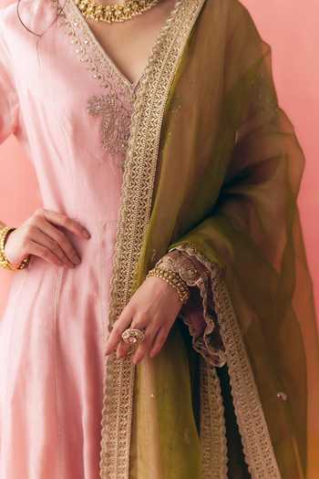 Mirasa_Pink , Chanderi, Organza V-neck Sehar Anarkali Set _Online_at_Aza_Fashions