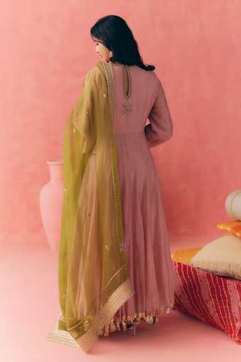 Shop_Mirasa_Pink , Chanderi, Organza V-neck Sehar Anarkali Set _at_Aza_Fashions