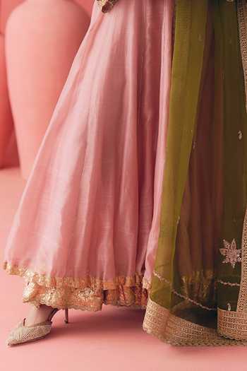 Buy_Mirasa_Pink , Chanderi, Organza V-neck Sehar Anarkali Set _Online_at_Aza_Fashions
