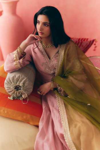 Shop_Mirasa_Pink , Chanderi, Organza V-neck Sehar Anarkali Set _Online_at_Aza_Fashions