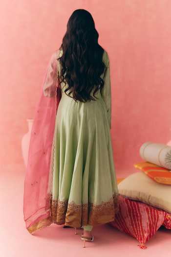 Shop_Mirasa_Green , , Chanderi, Rivaana Sage Anarkali Churidar Set _at_Aza_Fashions