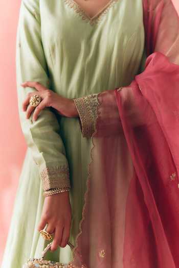 Mirasa_Green , , Chanderi, Rivaana Sage Anarkali Churidar Set _Online_at_Aza_Fashions