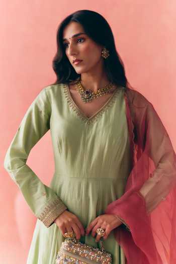 Buy_Mirasa_Green , , Chanderi, Rivaana Sage Anarkali Churidar Set _Online_at_Aza_Fashions