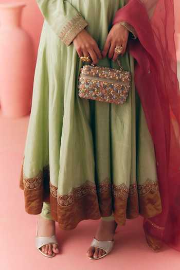 Shop_Mirasa_Green , , Chanderi, Rivaana Sage Anarkali Churidar Set _Online_at_Aza_Fashions