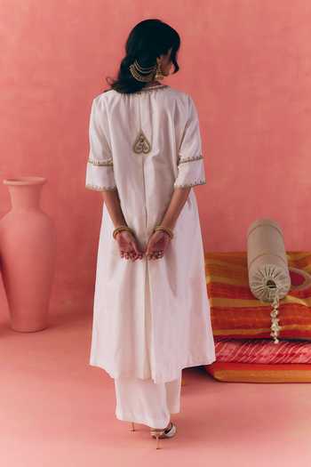Shop_Mirasa_Ivory Silk, Chanderi, Tissue V-neck Gul Kaftan Pant Set _at_Aza_Fashions