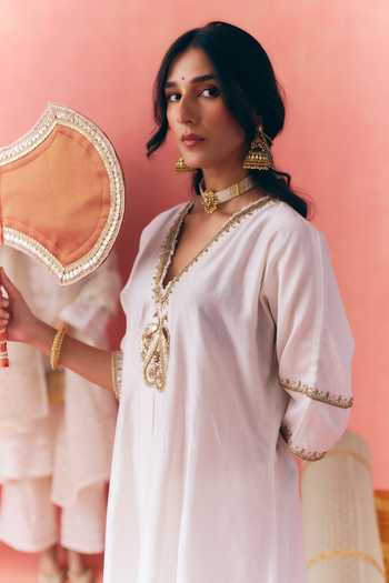 Buy_Mirasa_Ivory Silk, Chanderi, Tissue V-neck Gul Kaftan Pant Set _Online_at_Aza_Fashions