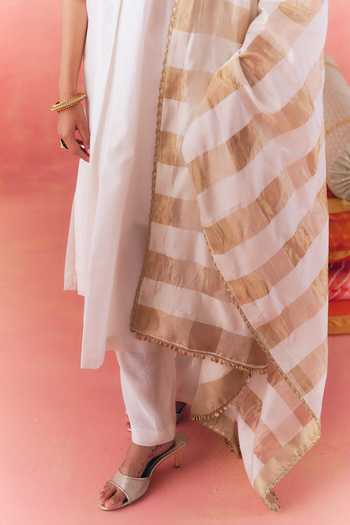 Shop_Mirasa_Ivory Silk, Chanderi, Tissue V-neck Gul Kaftan Pant Set _Online_at_Aza_Fashions