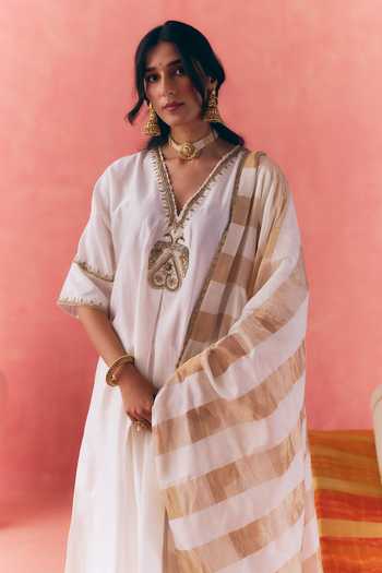Mirasa_Ivory Silk, Chanderi, Tissue V-neck Gul Kaftan Pant Set _at_Aza_Fashions