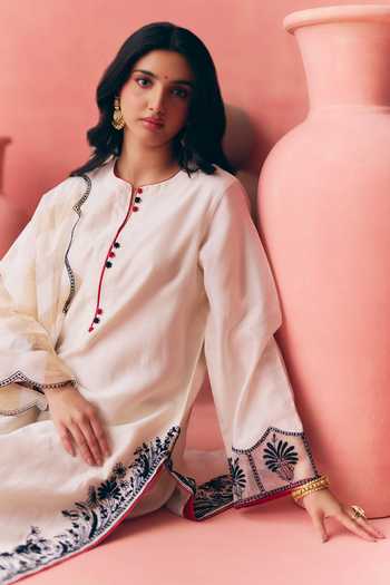 Shop_Mirasa_Ivory Silk, Chanderi, Tissue Round Neck, Yes Areesha Pure Kurta Set _Online_at_Aza_Fashions