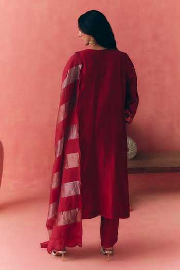 Shop_Mirasa_Red Silk, Chanderi, Tissue Round Neck, Yes Areesha Pure Kurta Set _at_Aza_Fashions