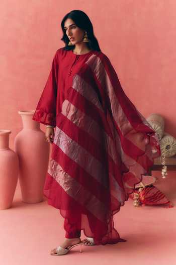 Buy_Mirasa_Red Silk, Chanderi, Tissue Round Neck, Yes Areesha Pure Kurta Set _Online_at_Aza_Fashions