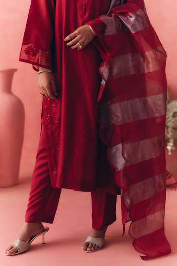 Shop_Mirasa_Red Silk, Chanderi, Tissue Round Neck, Yes Areesha Pure Kurta Set _Online_at_Aza_Fashions