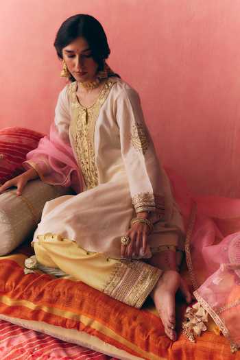 Mirasa_Ivory , , Chanderi, Noorani Yellow Kurta Salwar Set _Online_at_Aza_Fashions