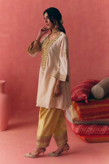 Buy_Mirasa_Ivory , , Chanderi, Noorani Yellow Kurta Salwar Set _Online_at_Aza_Fashions