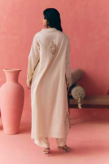 Shop_Mirasa_Ivory Silk, Satin, Tissue Mandarin Collar, Yes Ayla Butter Choga Kurta Set _at_Aza_Fashions