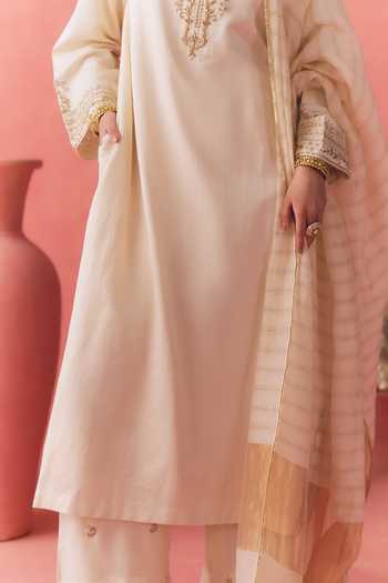 Shop_Mirasa_Ivory Silk, Satin, Tissue Mandarin Collar, Yes Ayla Butter Choga Kurta Set _Online_at_Aza_Fashions