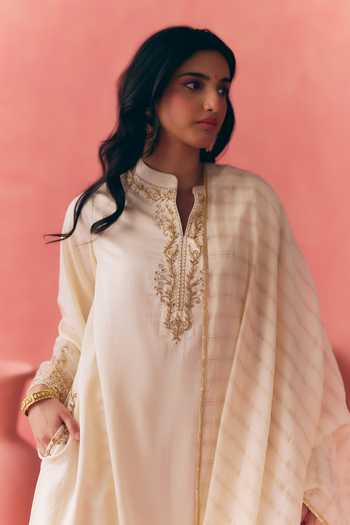 Mirasa_Ivory Silk, Satin, Tissue Mandarin Collar, Yes Ayla Butter Choga Kurta Set _at_Aza_Fashions