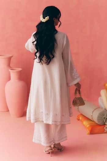 Shop_Mirasa_Ivory Chanderi Round Neck Amani Kurta Pant Set _at_Aza_Fashions