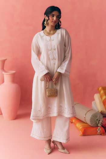 Buy_Mirasa_Ivory Chanderi Round Neck Amani Kurta Pant Set _at_Aza_Fashions